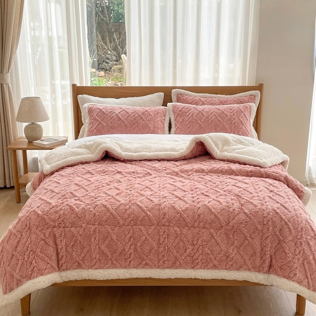Pink sherpa weighted blanket styled on bed with matching pillows Australia