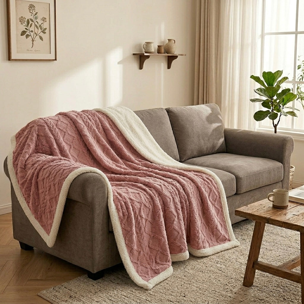 Pink jacquard sherpa weighted blanket on sofa modern living room Australia