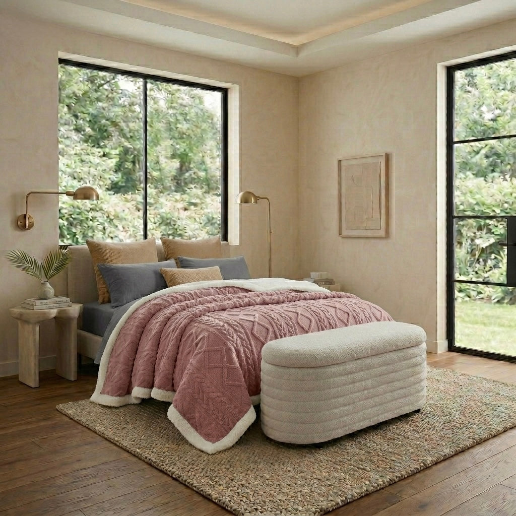 Pink sherpa weighted blanket on sofa with ottoman cosy Australian living room