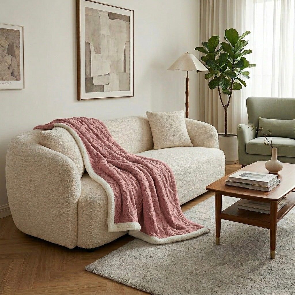 Pink jacquard sherpa weighted blanket on sofa modern living room Australia