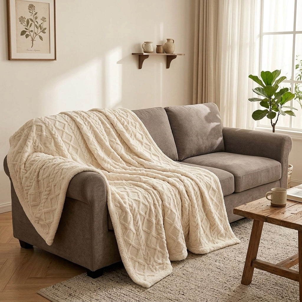 White jacquard sherpa weighted blanket draped over sofa modern living room