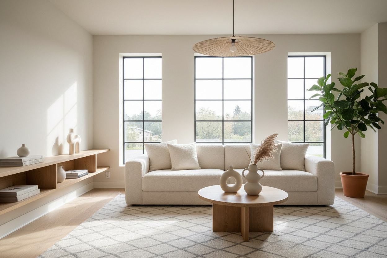 Modern living room with boucle sofa