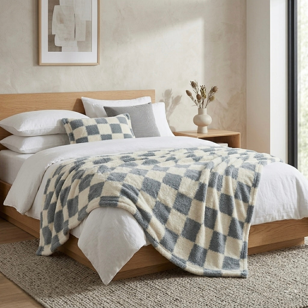 Blue checkerboard throw blanket styled on bed neutral bedroom Australia