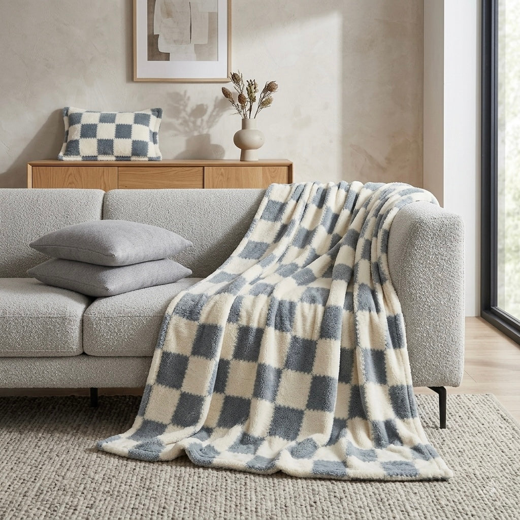 Pink checkerboard throw blanket draped over sofa modern living room Australia