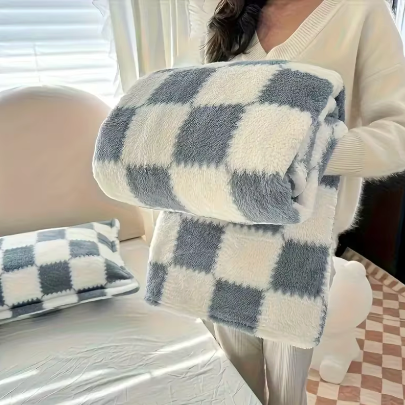 Nordic soft touch checkerboard throw pink and blue colourways flat lay Australia