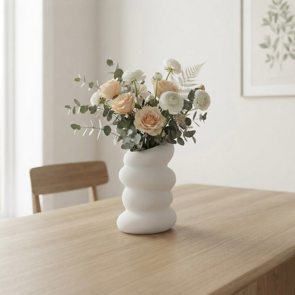 Spiral white nordic vase styled on coffee table with fresh flowers Australia