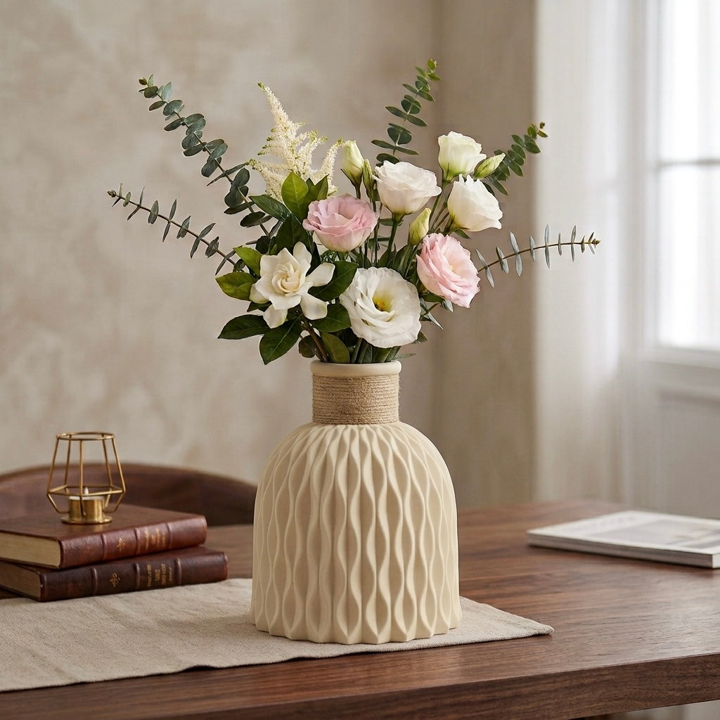 Beige water ripple nordic vase styled on shelf modern Scandinavian home Australia
