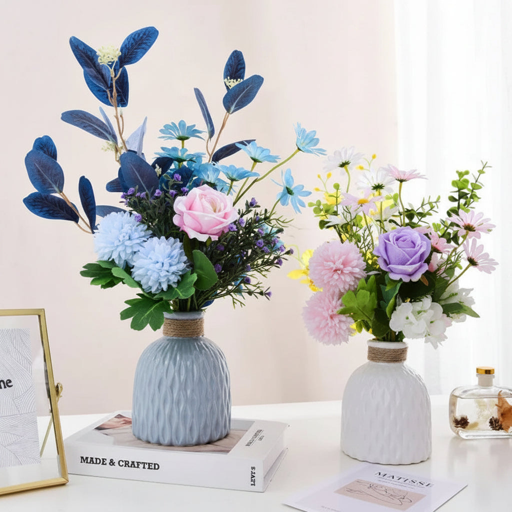 Water ripple nordic vase blue and white with flowers lifestyle styling modern Australian home