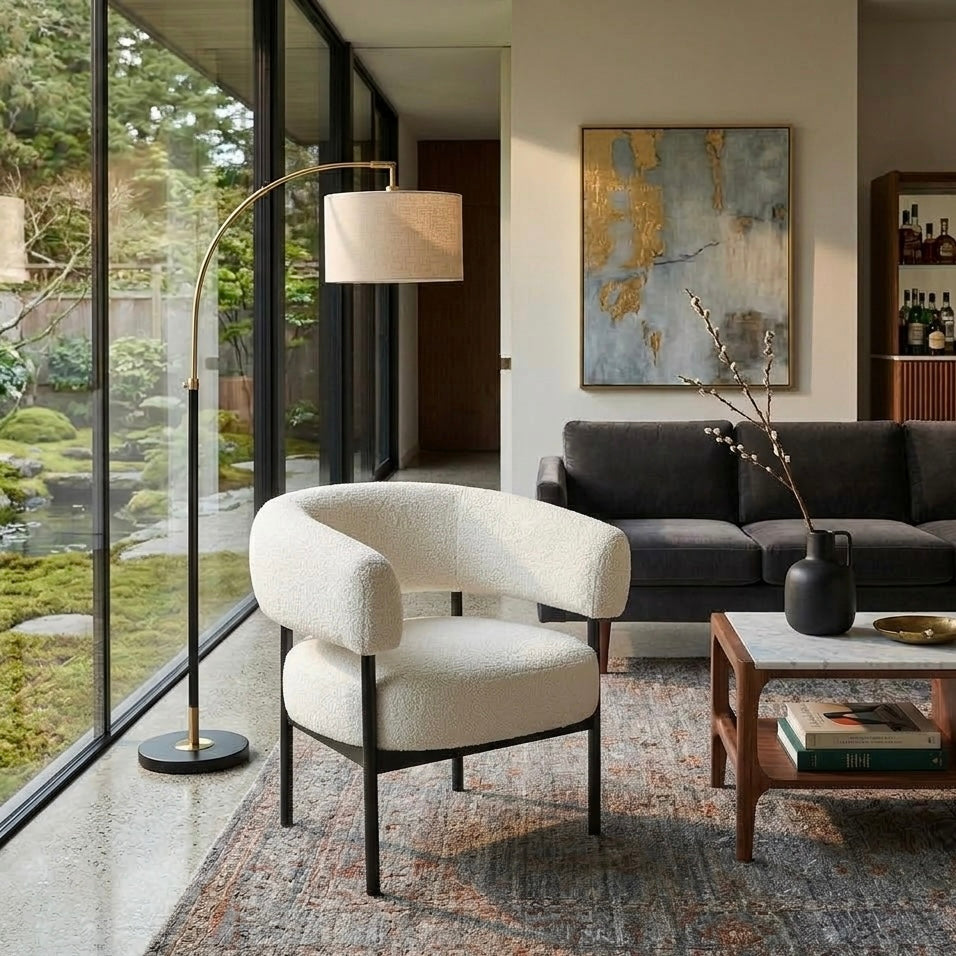 White curved boucle armchair accent chair front view modern Australian home