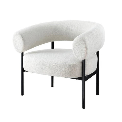 White boucle accent chair lifestyle living room Scandinavian modern style