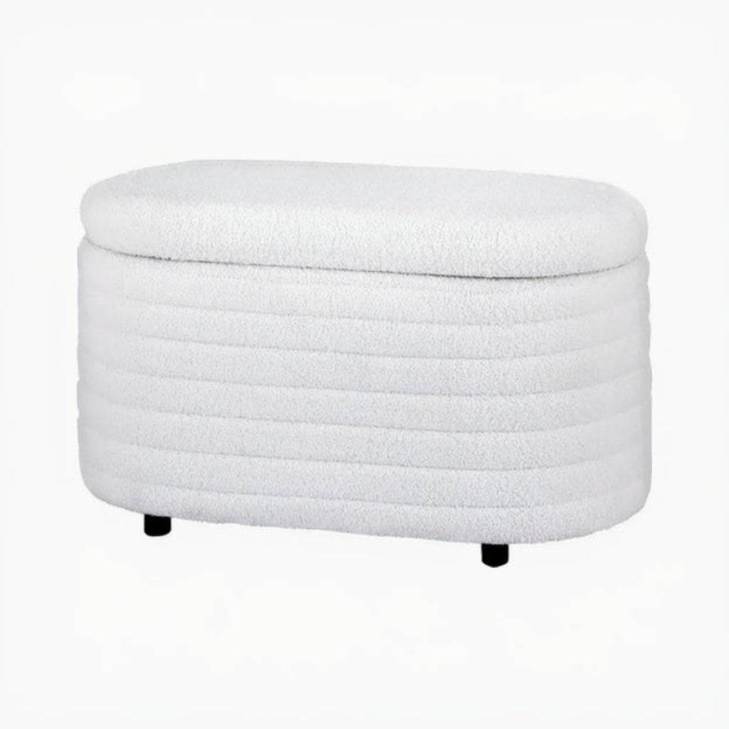 White oval boucle storage ottoman front view 87cm hinged lid Australia